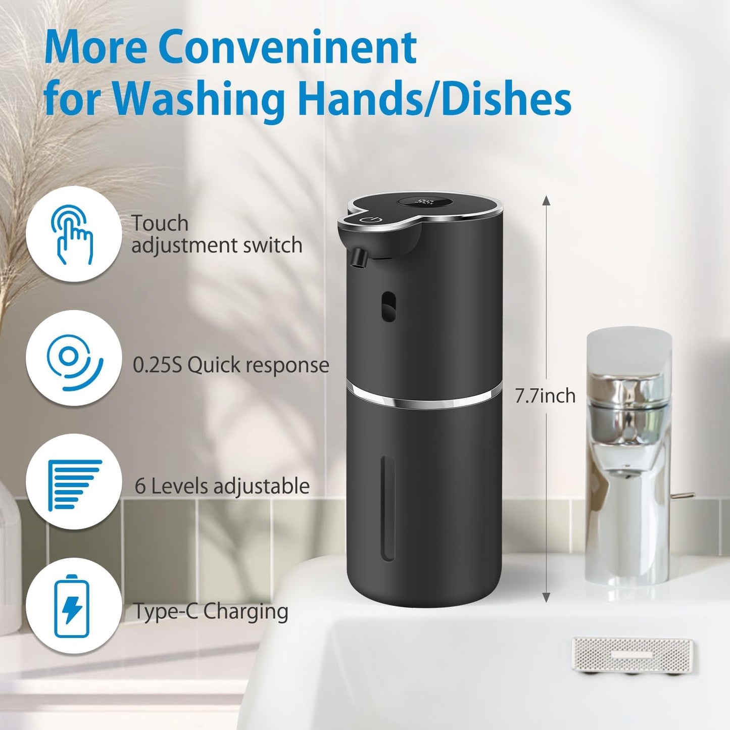 Automatic Foaming Soap Dispenser 12.8oz, Rechargeable & 6 Levels Foaming Adjustable with Digital Display, Wall Mount, Waterproof, Touchless Hand/Dish Soap Dispenser for Kitchen, Bathroom, Hotel