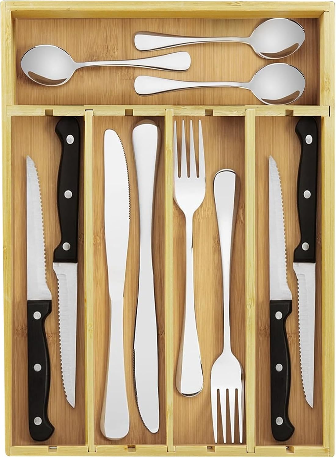 Kitchen Bamboo Drawer Organizer - 5 Slots Total Silverware Organizer for Flatware, Cutlery & Knives. Ideal Utensil Drawer Organizer for Kitchen, Natural