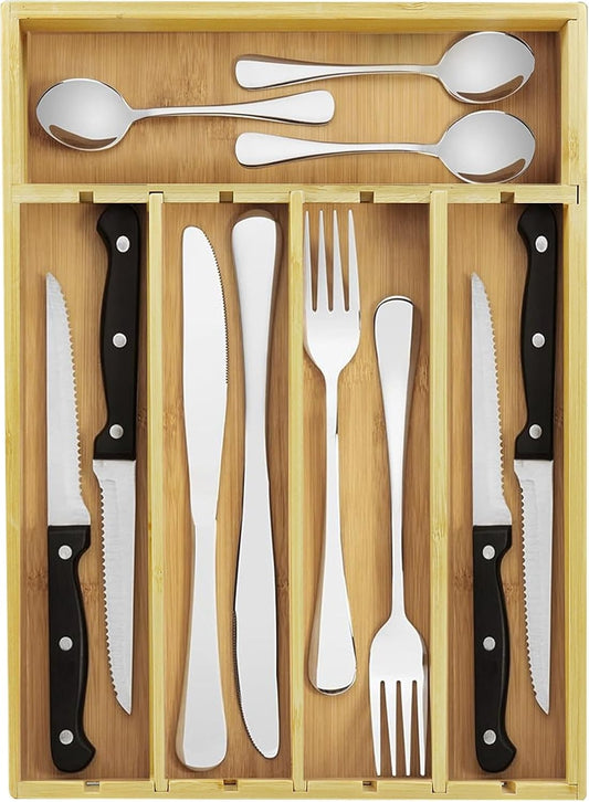 Kitchen Bamboo Drawer Organizer - 5 Slots Total Silverware Organizer for Flatware, Cutlery & Knives. Ideal Utensil Drawer Organizer for Kitchen, Natural
