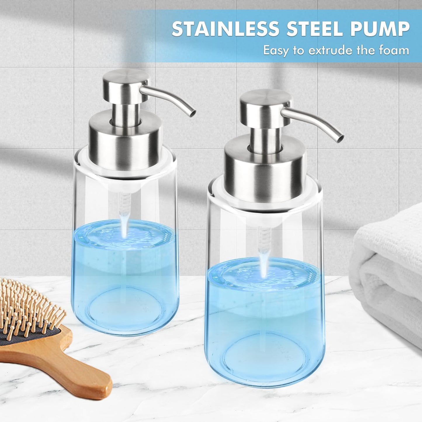 Thick Glass Soap Dispenser with Rust Proof Stainless Steel Pump, Clear Foam Soap Dispenser with Wide Opening for Kitchen and Bathroom（15 Oz）