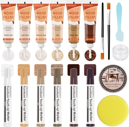 Wood Furniture Repair Kit - 6 Oak Color Wood Fillers with 6 Touch Up Markers and Wood Polish Wax for Wooden Stains, Scratch Repair, Cracks, Perfect for Laminate, Cabinet, Tables, Oak, Walnut