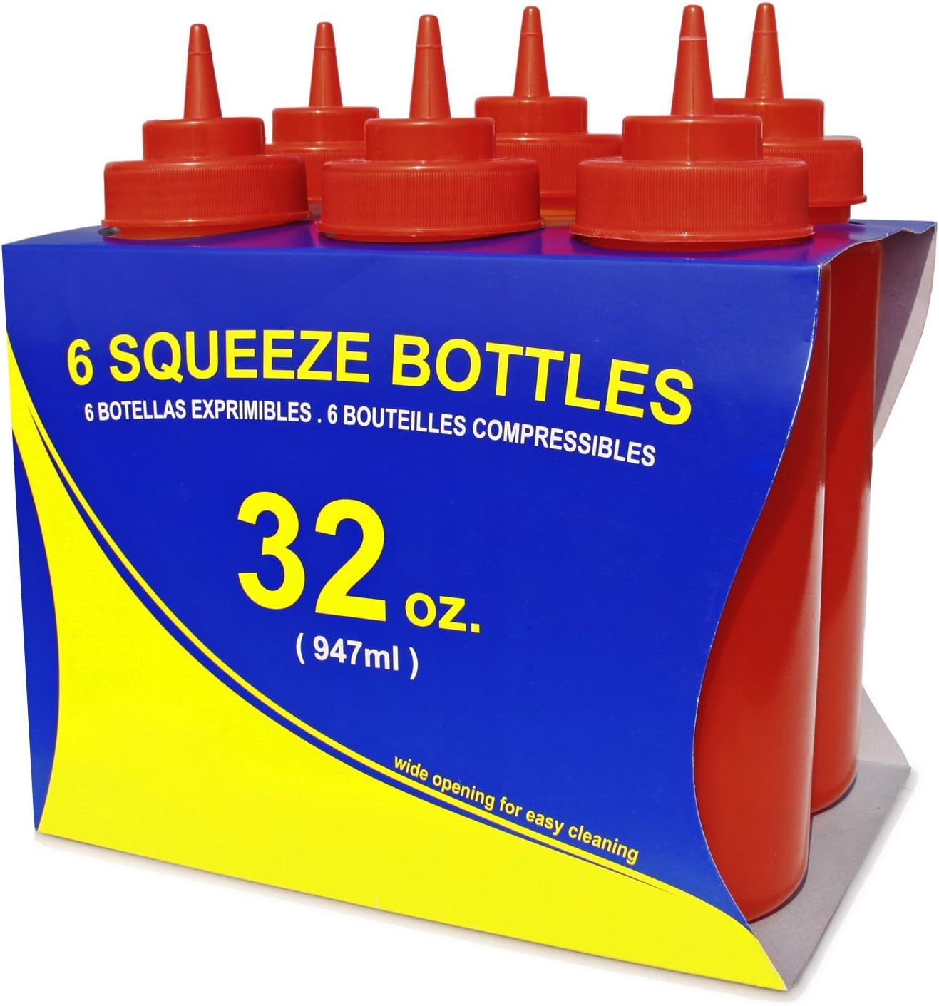 New Star Foodservice 533746 Squeeze Bottles, Plastic, Wide Mouth, 32 oz, Red, Pack of 6