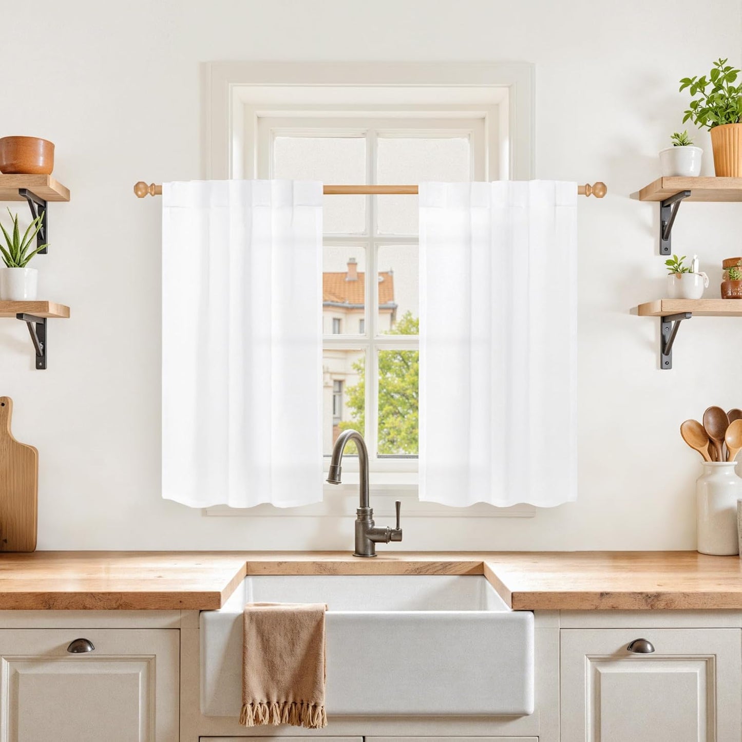 YoungsTex White Cafe Curtains 36 Inch Length for Window Over Sink - Linen Semi Sheer Drapes with Rod Pocket Back Tab Lightweight for Bathroom Kitchen, 2 Panels, 30 X 36 Inch