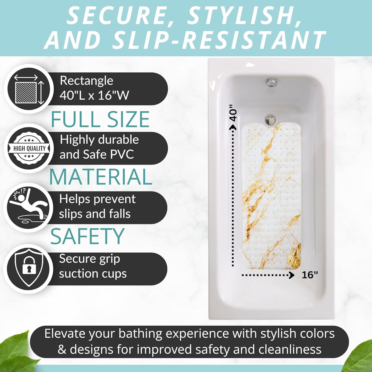 ENKOSI Bath Mat – Large 40 x 16 Inch Non-Slip Bathtub Mat with Secure Suction Cups & Drain Holes – Extra Long Bathroom Shower Mat for Tub with Marble Gold Design (40x16 Marble Gold)