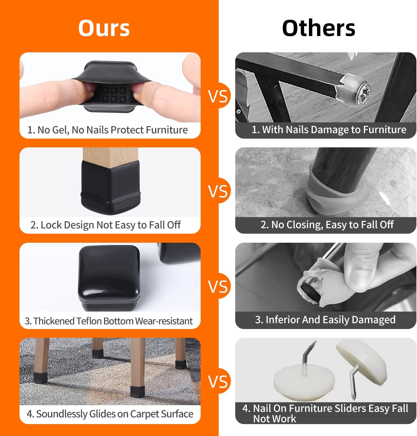 Ezprotekt 24 Pcs Chair Leg Sliders for Carpet, Square Black Chair Glides Teflon Furniture Pads, Bar Stool Leg Protectors Caps for Rug - for Dining Table, Couch, Patio Legs (M Fit: 0.75" - 1")