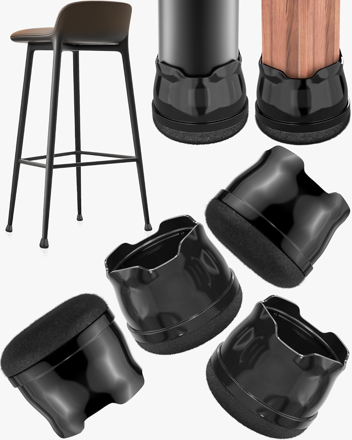 Upgrade 24 PCS Silicone & Felt Chair Leg Floor Protectors for Hardwood Floors - Furniture Pads, Chair Leg Covers/Cups - No Noise & Scratch-Proof - Round M (Fits 1"-1 3/16" / 26-30mm), Black