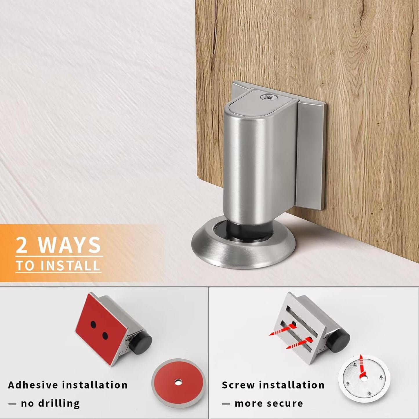 Bak Bo Magnetic Door Stoppers 4 Pack Bottom of Door Holder Keep Door Open No Drilling Magnet Floor Door Stop with Screws and Adhesive Brushed Nickel DS268BN-4