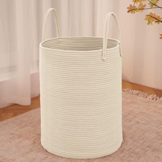 Large Woven Laundry Basket Hamper,100L Cotton Rope Storage Bin for Blankets,Toys and Clothes,Decorative Tall Nursery Hamper for Living Room,Baby Nursery,Bathroom and Bedroom,Beige