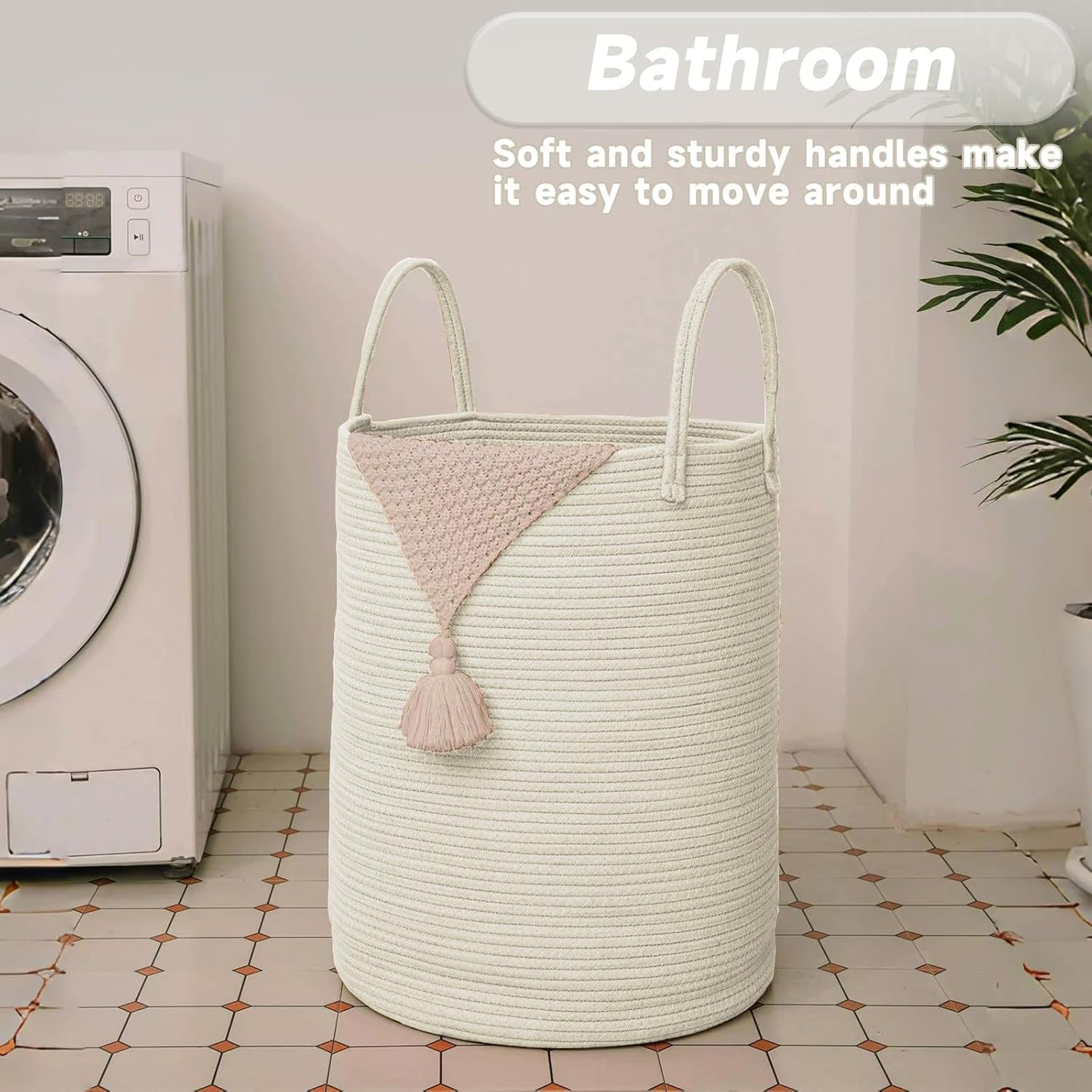 Large Woven Laundry Basket Hamper,80L Cotton Rope Storage Bin for Blankets,Toys and Clothes,Decorative Tall Nursery Hamper for Living Room,Baby Nursery,Bathroom and Bedroom,White