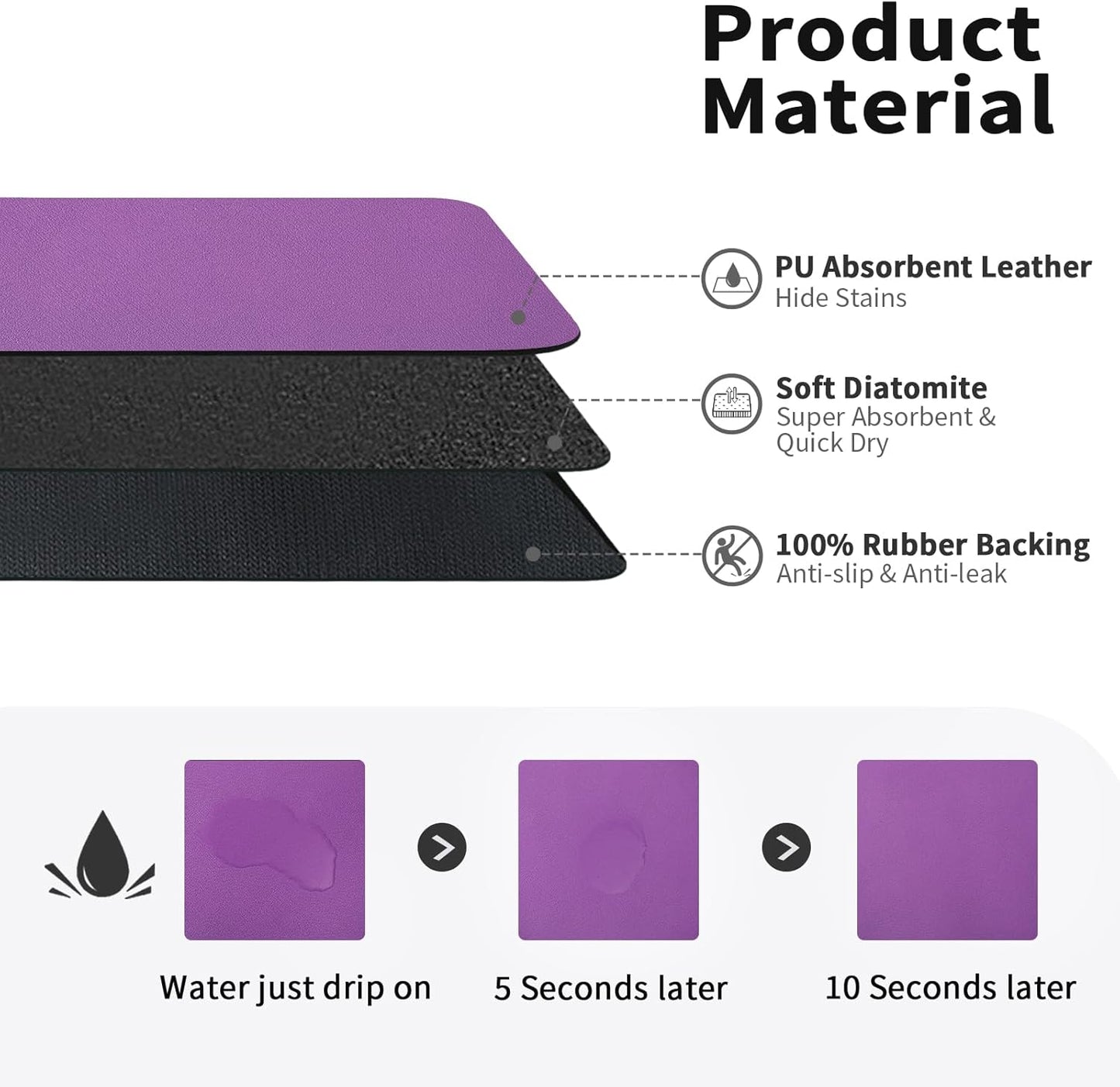 Dish Drying Mat for Kitchen Counter, Heat Resistant Drainer Mats with Non-slip Rubber Backed, Hide Stain Kitchen Super Absorbent Draining Mat, Easy to Clean Dish Rack Pad, Purple 16"x18"