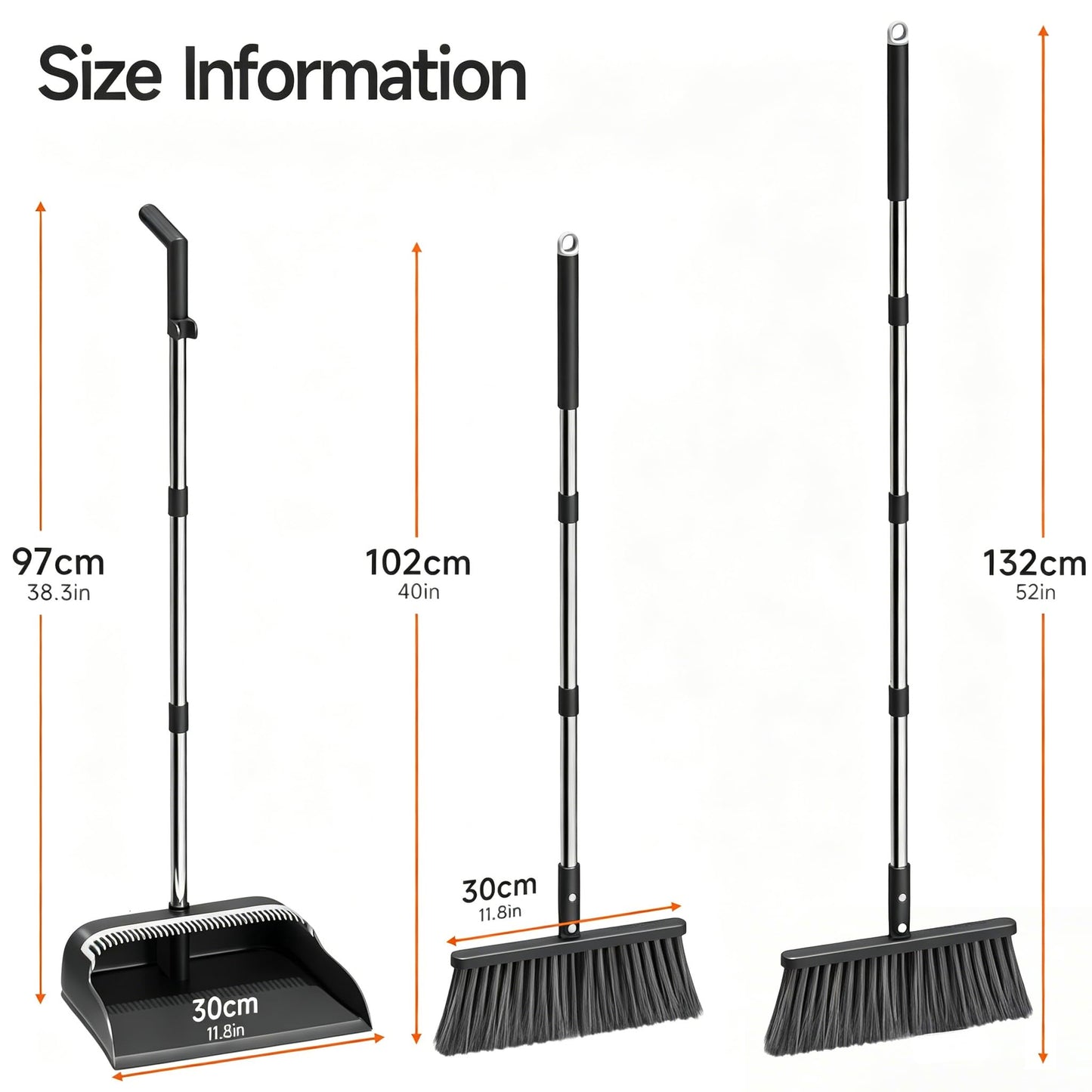 POPMOP Broom and Dustpan Set, 52" Long Handle with Dust Pan Teeth, Black