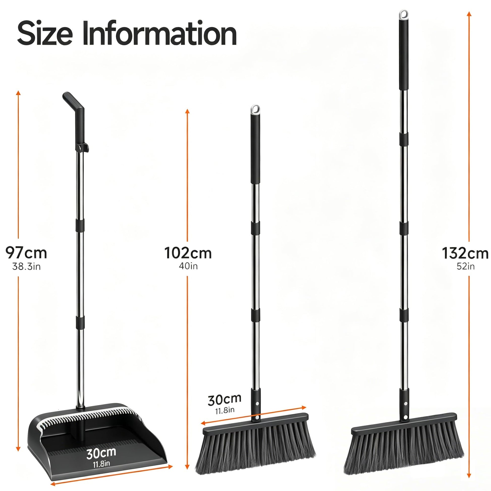 POPMOP Broom and Dustpan Set, 52" Long Handle with Dust Pan Teeth, Black