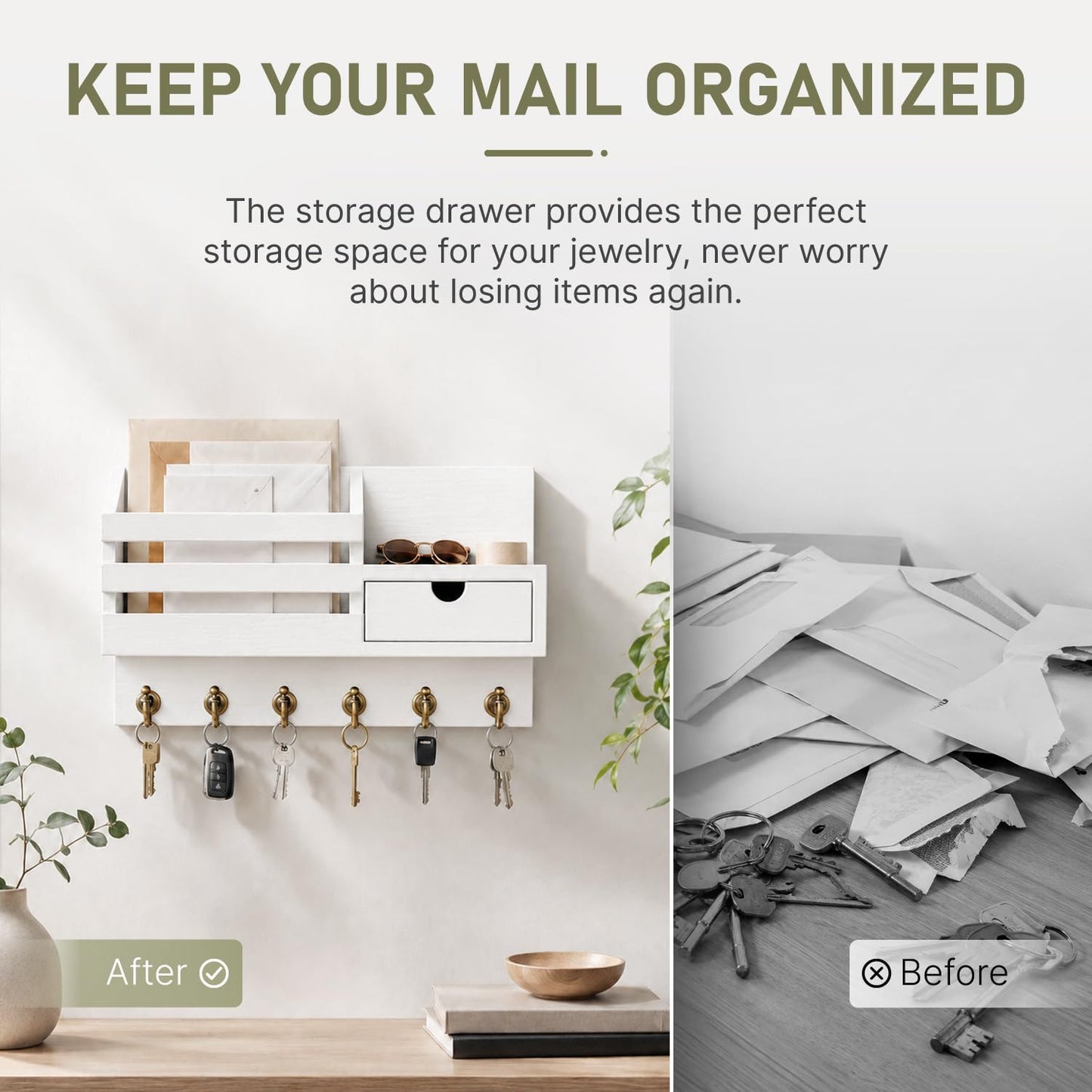 FifthQuarter Key and Mail Holder Wall Mount with Drawer and 6 Sturdy Hooks