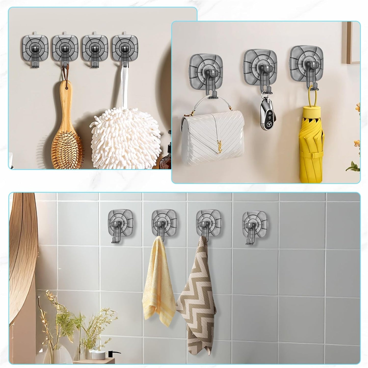 22 lb Heavy Duty Suction Cup Hooks 4 Pack - 360° Rotating Shower Hooks for Bathroom, Wall, Glass Door, Window Hanging Foldable Holder for Towel, Wreath, Cups (ABS+PC) No Drill Suction Hook Reusable