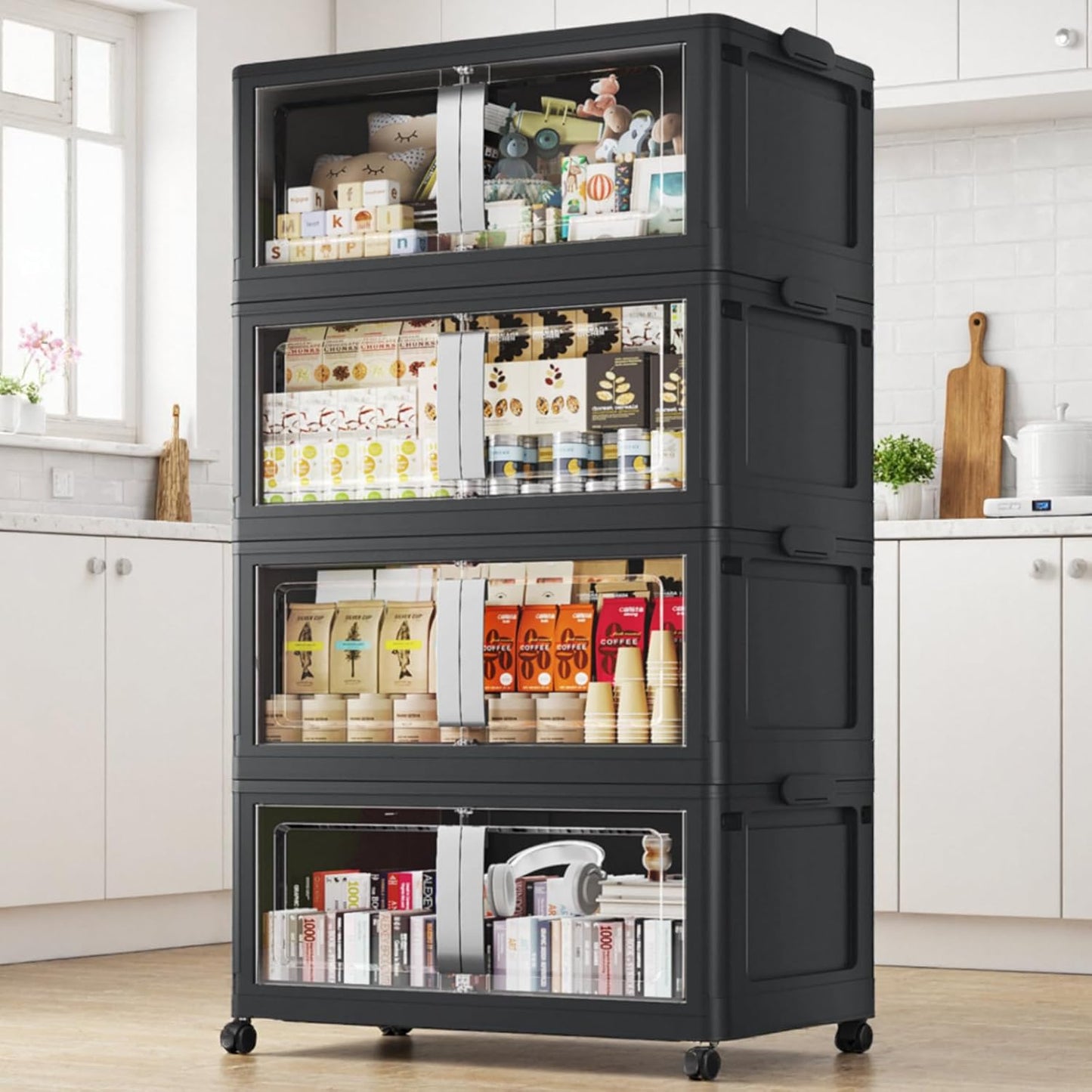 BROVIEW 640QT Stackable Storage Bins with Lids, 160Gal Extra Large Collapsible Storage Box with Wheel, Plastic Storages with Clear Door Open Front for Home Kitchen Garage, Black-4pack