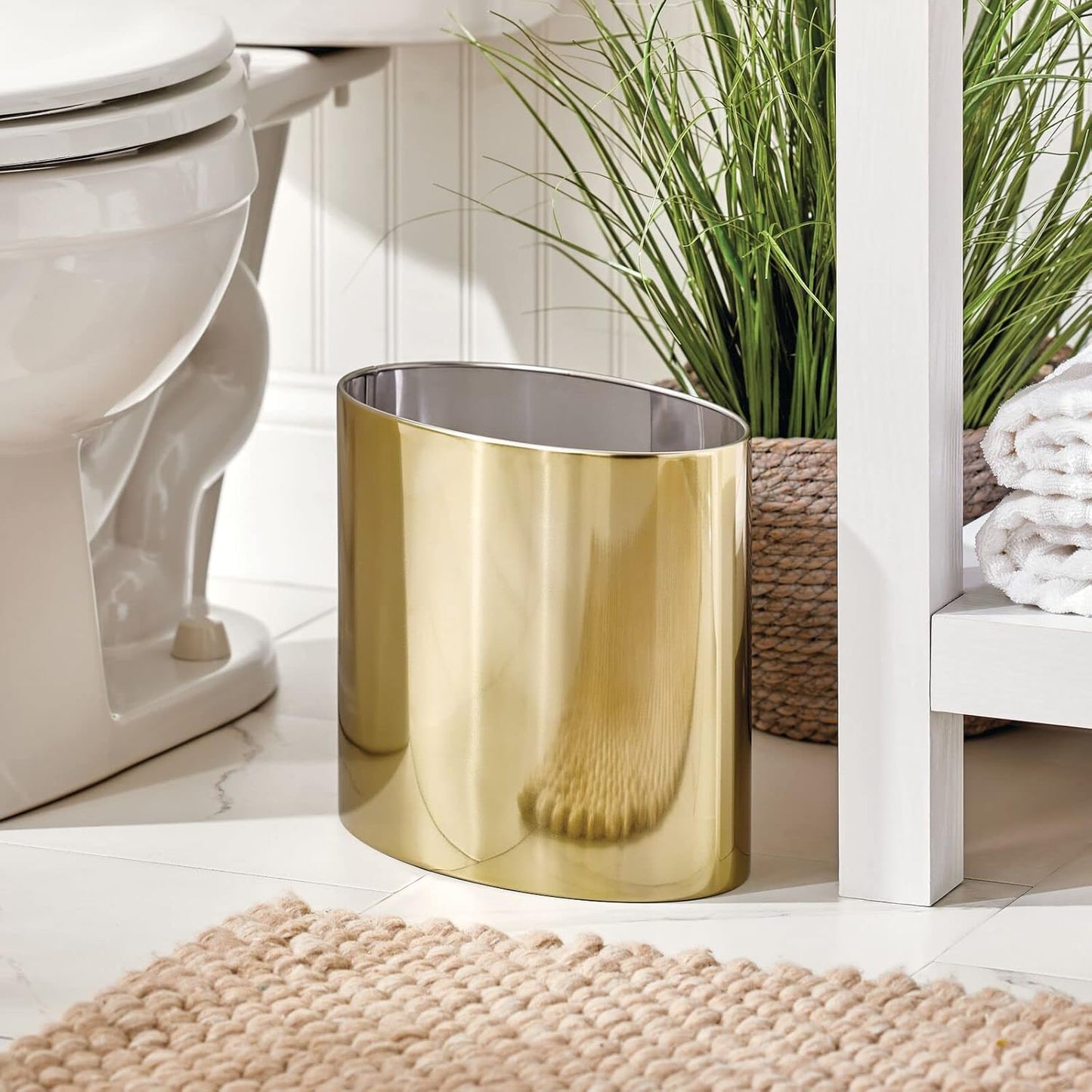mDesign Stainless Steel Metal Oval Trash Can, 7.9 Liter/2.09 Gallon Wastebasket, Garbage Basket Bin for Bathroom, Bedroom, Kitchen, Home Office, Holds Waste and Recycle, Mirri Collection, Soft Brass