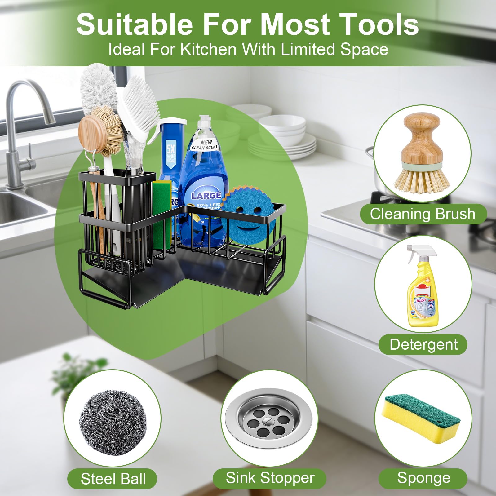 Fikoksol Large Sponge Holder for Kitchen Sink, 90-Degree Sink Caddy Storage