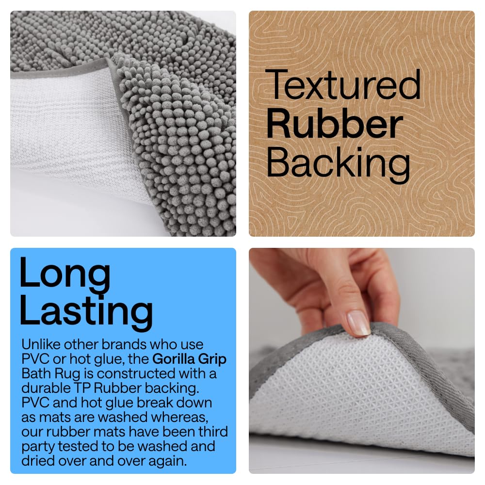 GORILLA GRIP Bath Rug Mat, Thick Soft Absorbent Chenille, Quick Dry Microfiber Mats, Rubber