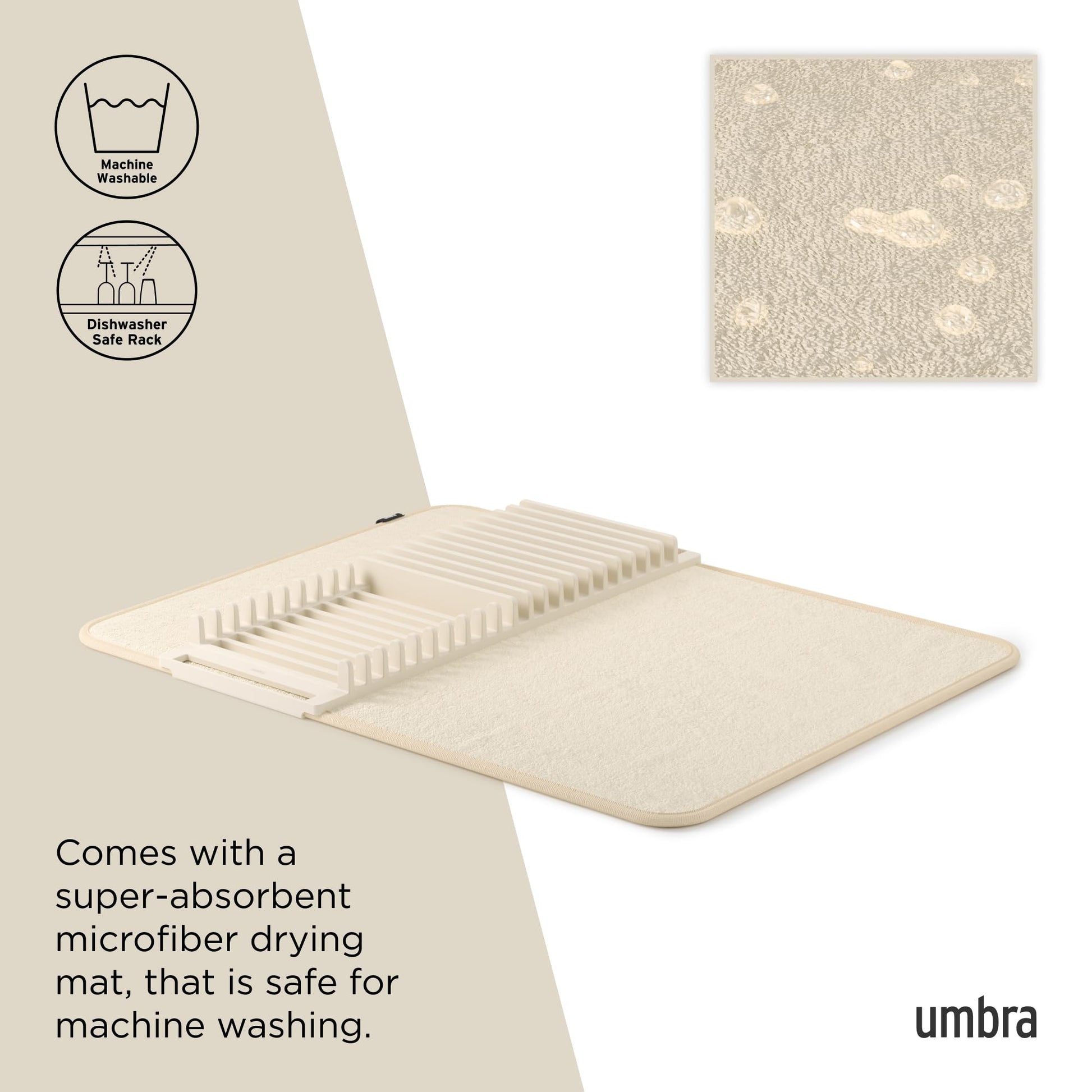 Umbra Udry Dish Drying Rack with Mat, Folds Flat for Storage, Linen