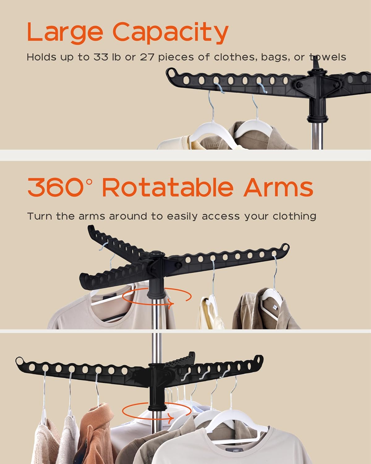 Clothes Drying Rack Foldable, 74.8 inch 2 Tier Laundry Drying Rack with Rotating Clothes Rail for 54 Pieces of Clothes, Space Saving, Indoor, Stainless Steel, Black and Silver CDR002B01