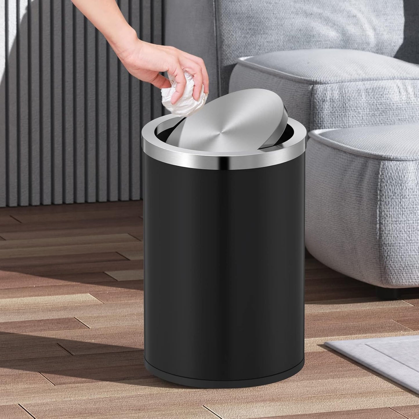 Mbillion Small Trash Can with Swing Lid 2.4 Gallons/9 Liter, Mini Trash Can with lid, Stainless Steel Cylindrical Garbage Can for Home and Office Bathroom Bedroom, for Ground and Desktop(Black)