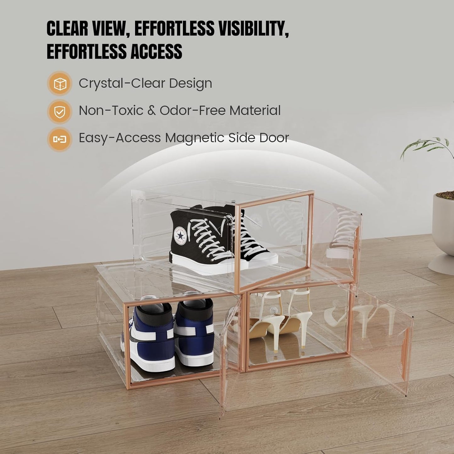 Shoe Storage Boxes Stackable, X-Large Plastic Clear Shoe Organizers with Magnetic Door, Thicken & Sturdy Sneaker Containers, Toy Storage Organizer Bins for Entryway, Closet, Under Bed