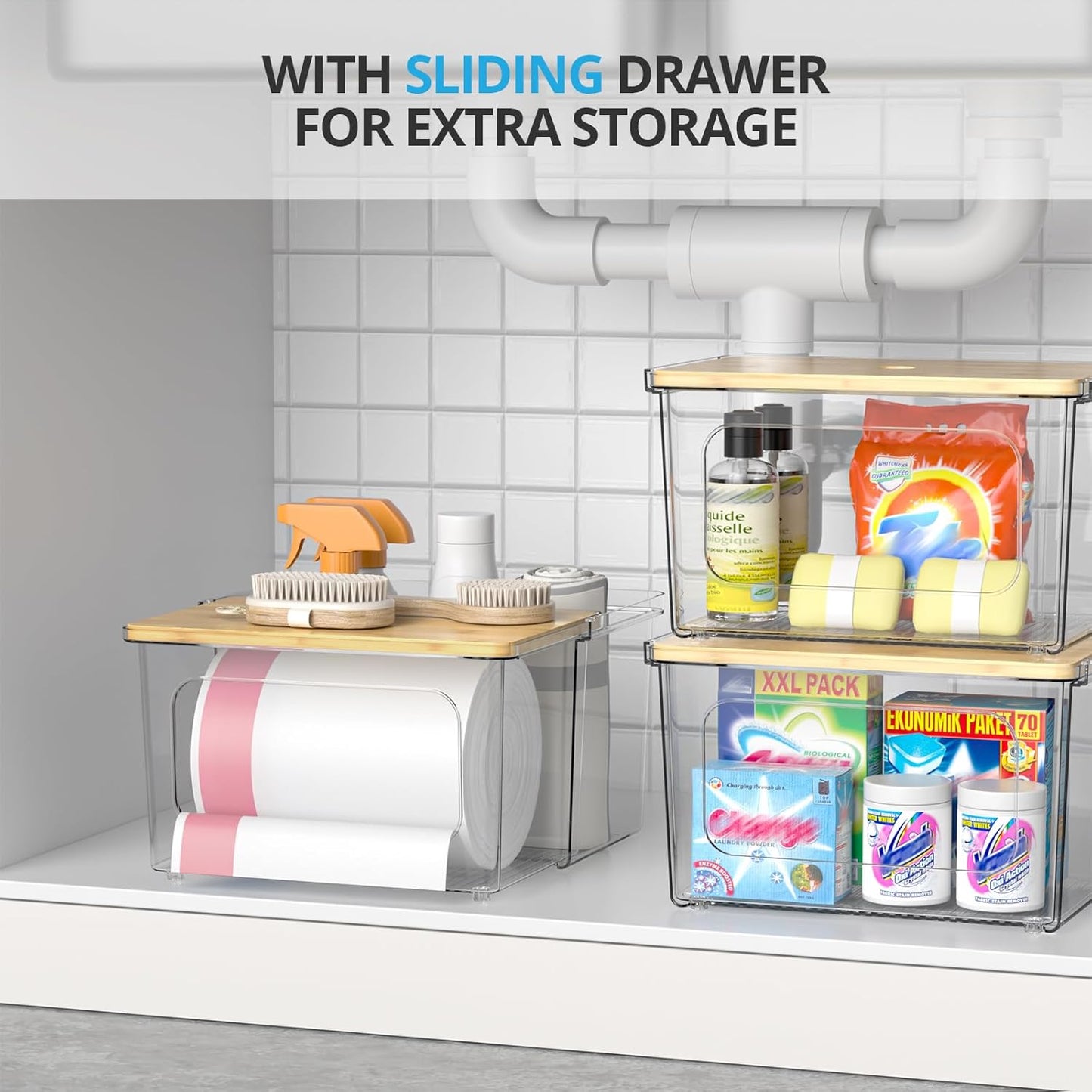 Trash Bag Dispenser Roll Holder - Clear Garbage Bag Holder Dispenser with Bamboo Lid and Sliding Drawer Box, Trash Bag Holder for Kitchen, Under Sink, Laundry Room Organization and Storage