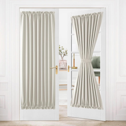 DWCN French Door Curtains – Rod Pocket Thermal Blackout Curtain for Doors with Glass Window, Kitchen and Patio Doors for Privacy, 54 X 80 Inches Long, 1 Curtain Panel with Tieback, Ivory