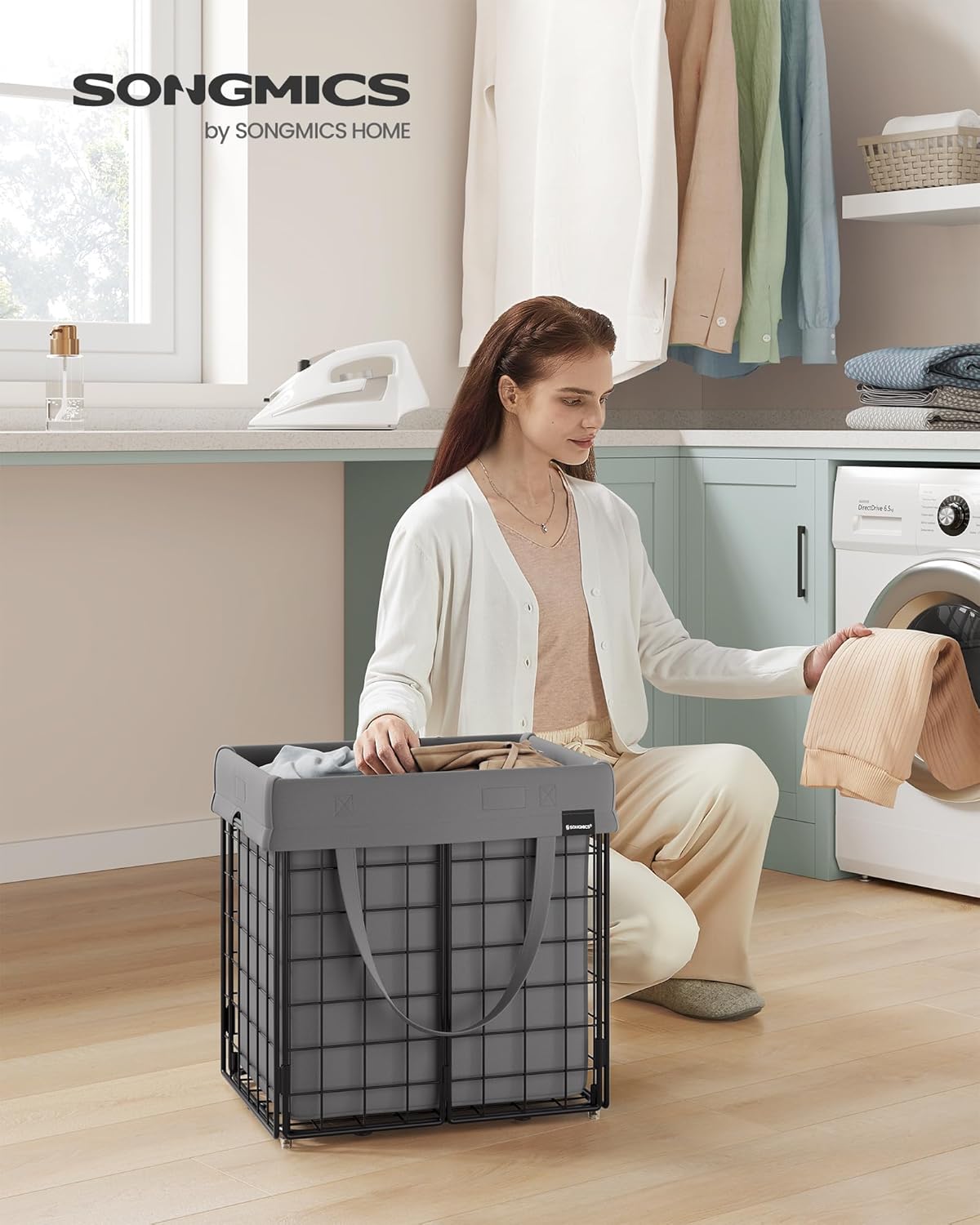 SONGMICS Laundry Hamper, 11 Gal. (50L) Laundry Basket, Collapsible Clothes Hamper, Removable and Washable Liner, Metal Wire Frame, for Bedroom Bathroom, Black and Gray ULCB150G01