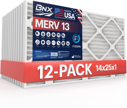 BNX 14x25x1 MERV 13 Air Filter 12 Pack - MADE IN USA - Electrostatic Pleated Air Conditioner HVAC