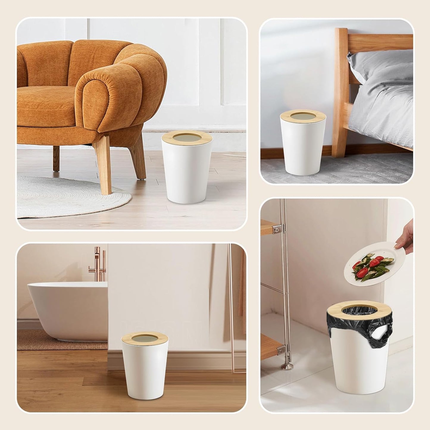 White Trash Can for Bedroom with Bamboo Lid, 2.4 Gallon Open Top Trash Can 3 Pack, Modern Aesthetic Garbage Can for Room Office Living Room, Small Bathroom Trash Bin Boho Style