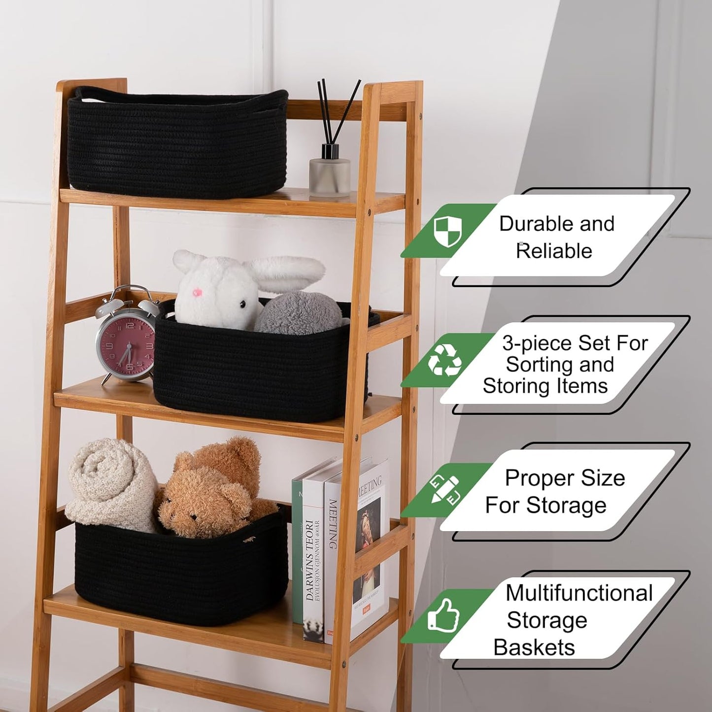 OIAHOMY Cotton Rope Woven Baskets for Storage, Nursery Rectangle Storage Basket with Handles for Shelves, Pack of 3, Black