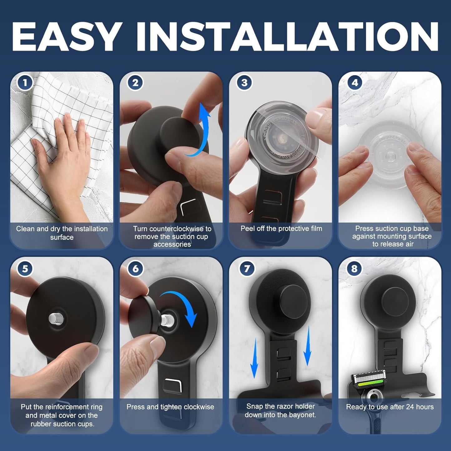 Suction Cup Razor Holder for Shower Wall 2 Pack,Heavy-Duty 15lbs Suction Hooks for Razor,Towel,Phone,Loofah, Removable Damage-Free Metal Shower Hook,Shaver Holder(Black)