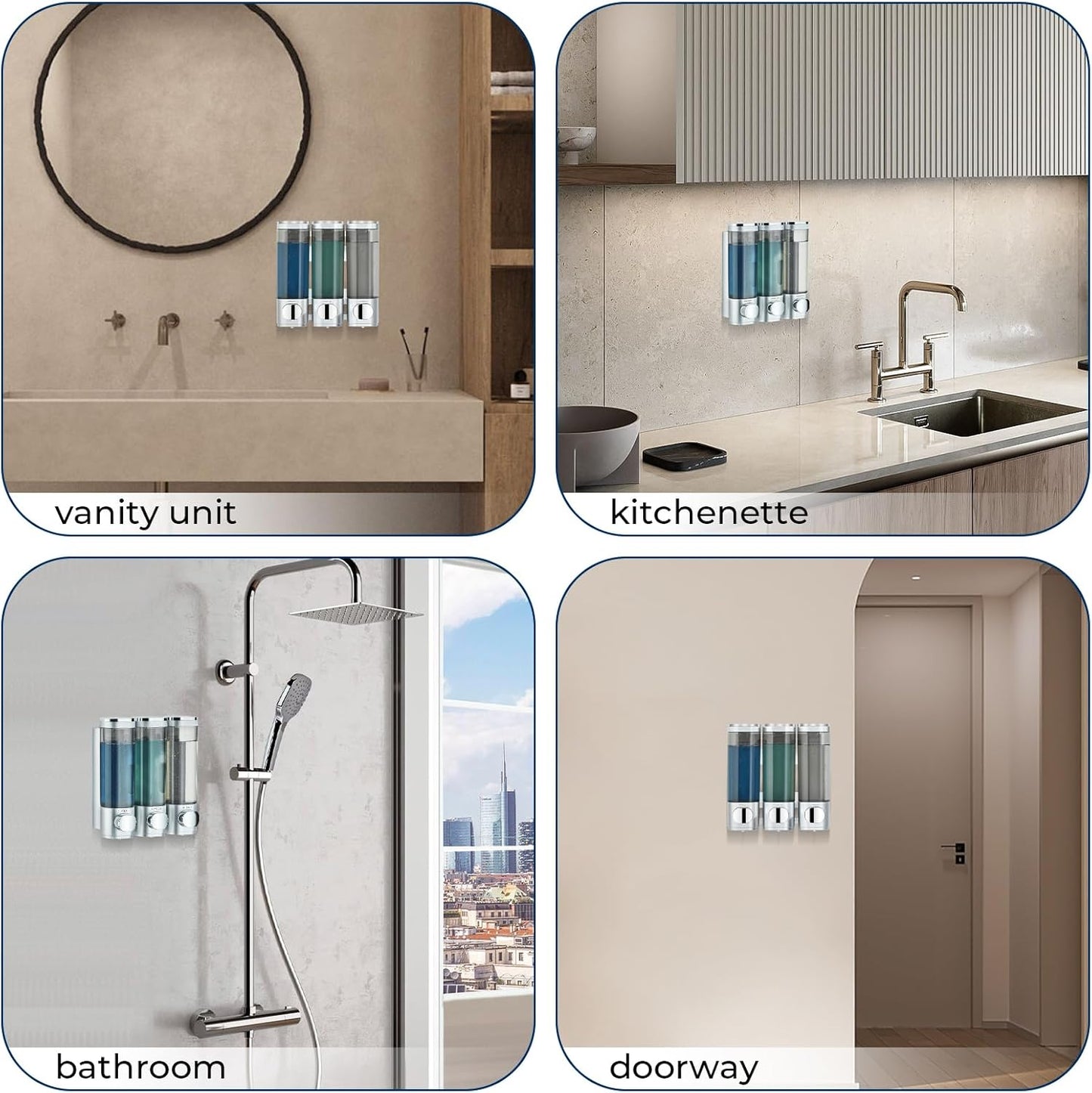 Shampoo and Conditioner Dispenser, Pollock Shower Soap Dispenser 3 Chamber No Drill, Wall Mounted Shampoo Body Wash Conditioner for Bathroom Large Capacity Silver