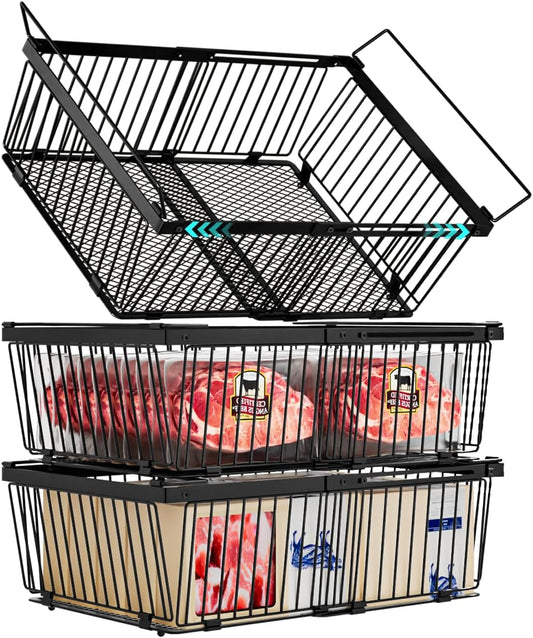 Large Freezer Organizer Bins，Upgraded Bottom Leak-Proof net，Fit 10 to 20 Cu Ft Chest Freezer，3 Pack， Expandable Stackable Chest Freezer Containers with Handle(Black-3Pack)