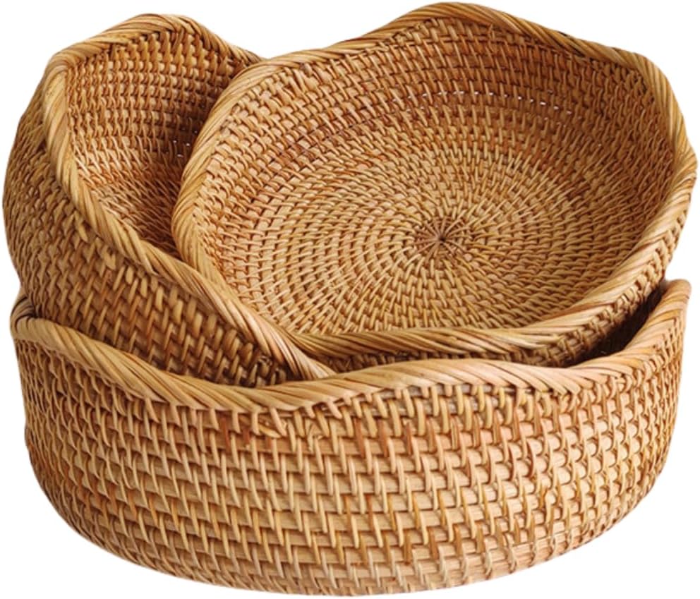 Rattan Bread Basket, Hand Woven Fruit Basket, Wicker Serving Basket Bowl, Decorative Baskets for Kitchen Counter Organizing, Set of 3 (Wave)