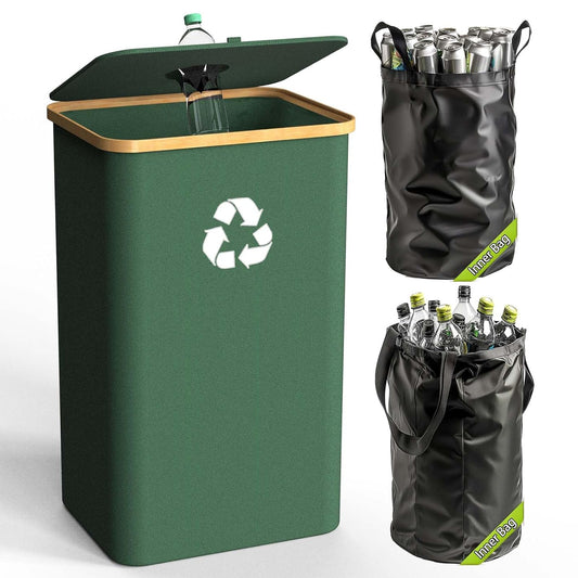 Recycling Bin for Kitchen Indoor Home, Large 100L/ 26 Gallon Recycle Bin with Lid Removeable Reusable Inner Bag Bottle Can Glass Waste Plastice Stickers (Green, 26 Gallon)