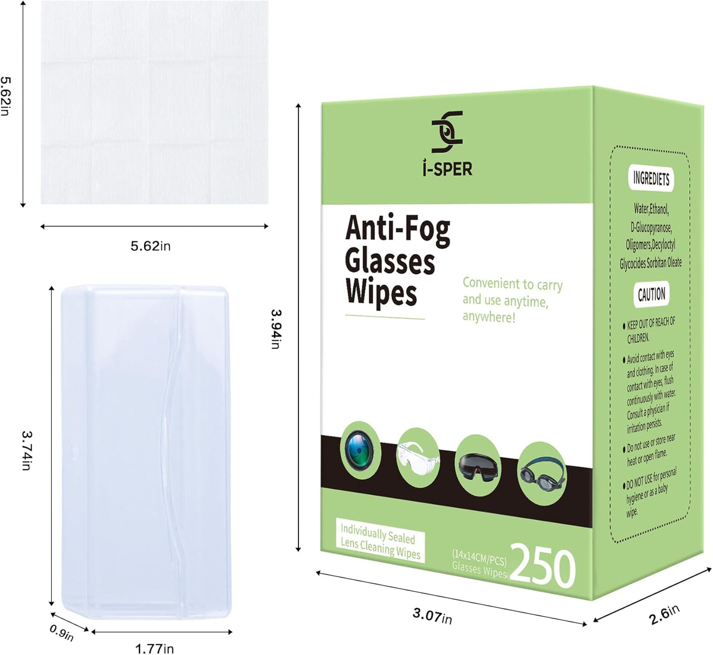 250 Count Anti Fog Lens Wipes for Eyeglasses, Pre-Moistened Individual Wrapped Glasses Wipe Lens Cleaner, with a Carrying Box, Defogging Screen Wipes for Eyeglasses, Sunglass, Goggles, Camera Lens