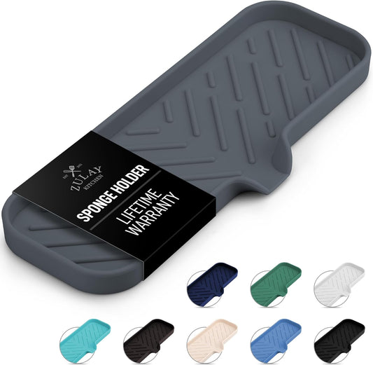 Zulay Large Silicone Sponge Holder (12x4) – Flexible Sink Organizer Tray for Kitchen & Bathroom – Multipurpose Soap Dish for Sponges, Makeup, Trinkets & More (Grey)