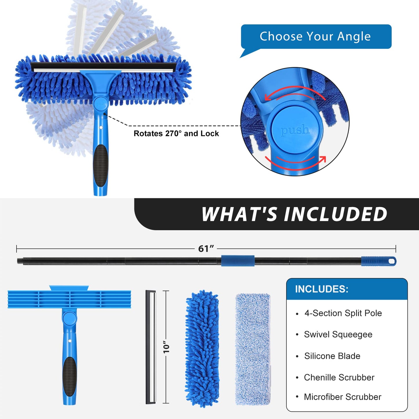 VITEVER Professional 69'' Window Squeegee Cleaner Tool with Extension Pole, 2-in-1 Squeegee for