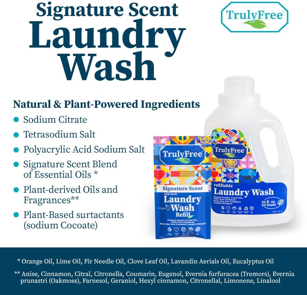 Truly Free Natural Laundry Detergent for Sensitive Skin | Eco Friendly, Plant Based, Baby Clothes Safe | Clean & Easy Powder to Liquid, 3 Pack Detergent + 1 Refillable Jug | Signature Scent 150 Loads
