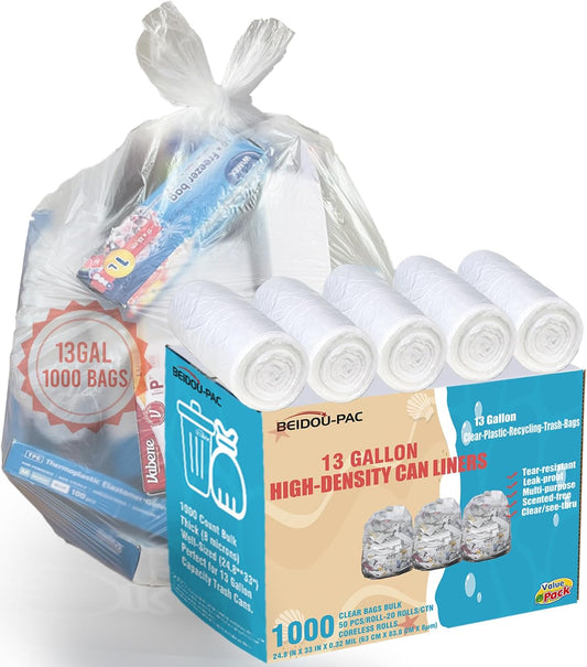 Trash Bags 13 Gallon, 1000 Count Bulk Value Pack, Clear Plastic Recycling Garbage Bags, Multi-purpose Tall Kitchen Trash Bags Can Liners for Business Home Commercial and Industrial