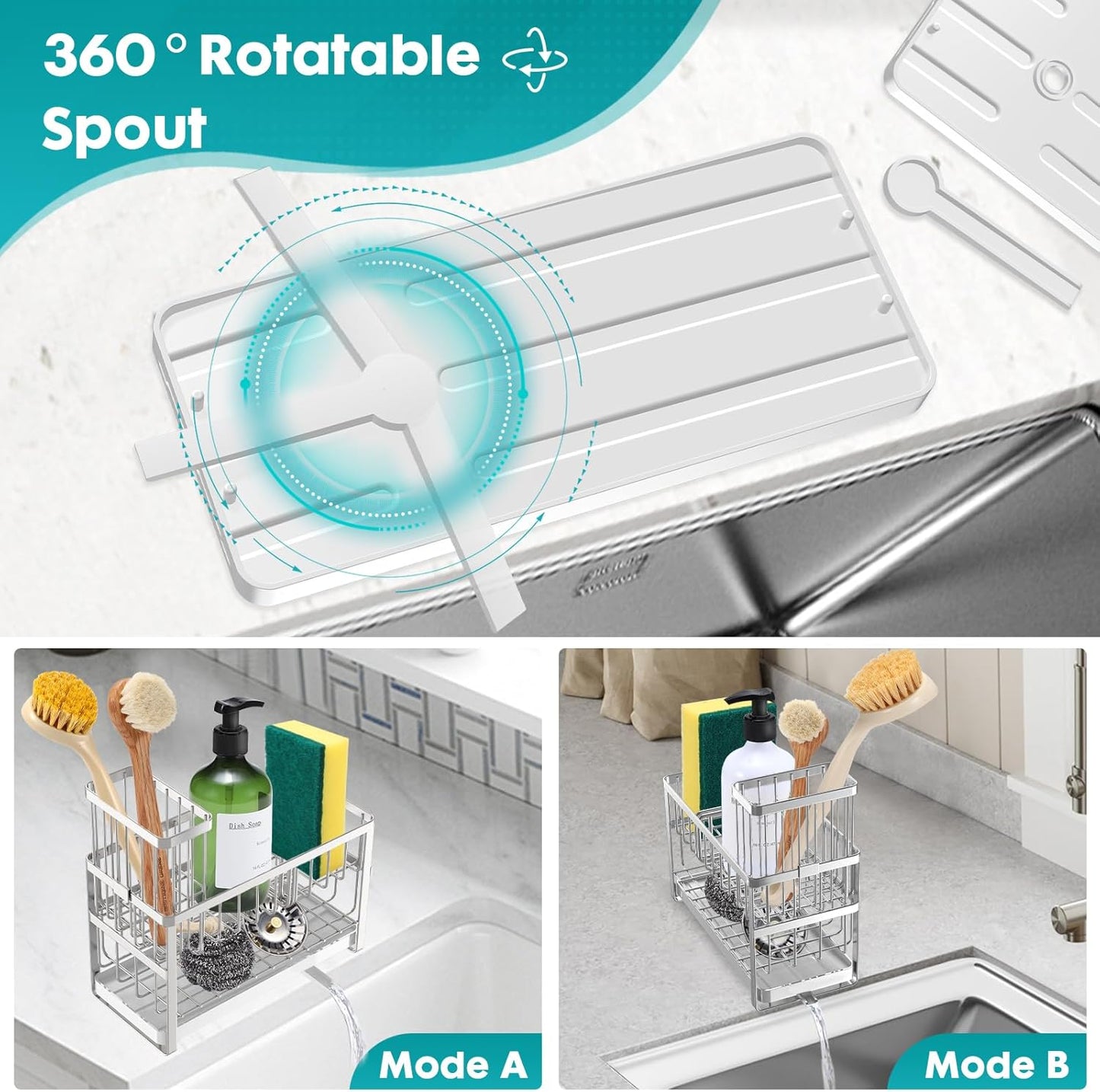 Sinnsally Kitchen Sponge Holder,2 Tier Sink Caddy Organizer with High Brush Holder,Stainless Steel Sink Box Dish Scrubber Holder,Soap Tray for Kitchen Counter Accessories & Storage Rack (Silver)