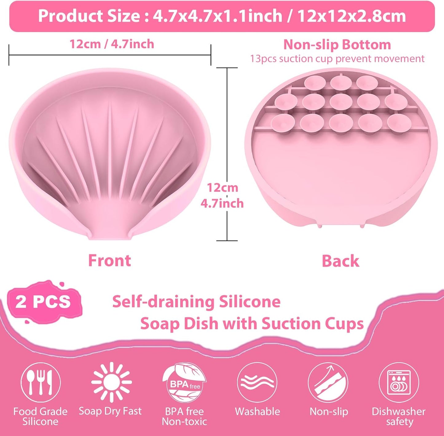 Self Draining Soap Dish, Silicone Suction Cup Soap Holder Tray Savers Container Sponge Holder for Bar Bathroom Shower Kitchen Sink, Can Extend Soap Life (1, Pink)