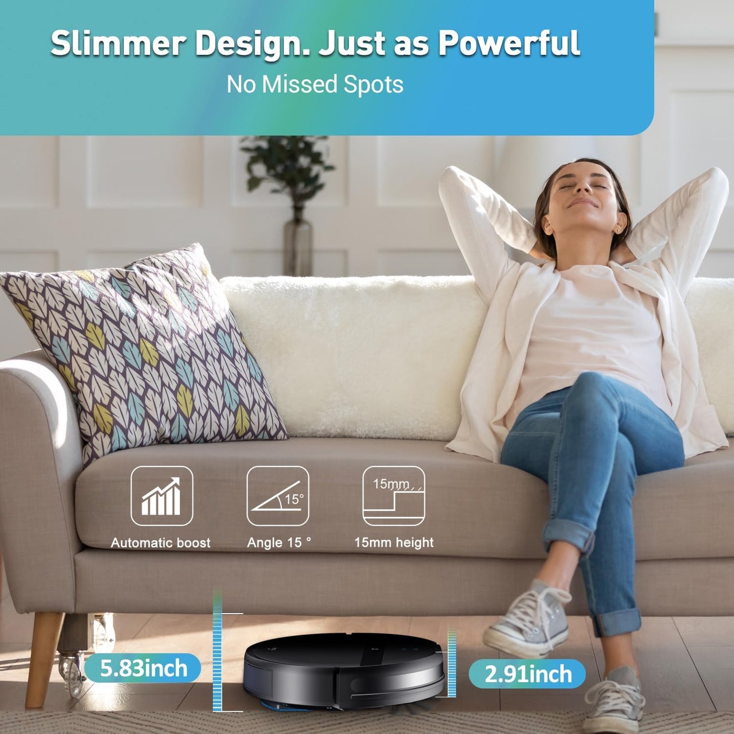 Robot Vacuum and Mop Combo for Pet Hair & Large Homes – Smart App/Voice, 2300Pa Suction, 120Min Clean, Ultra-Thin 2.87" Design