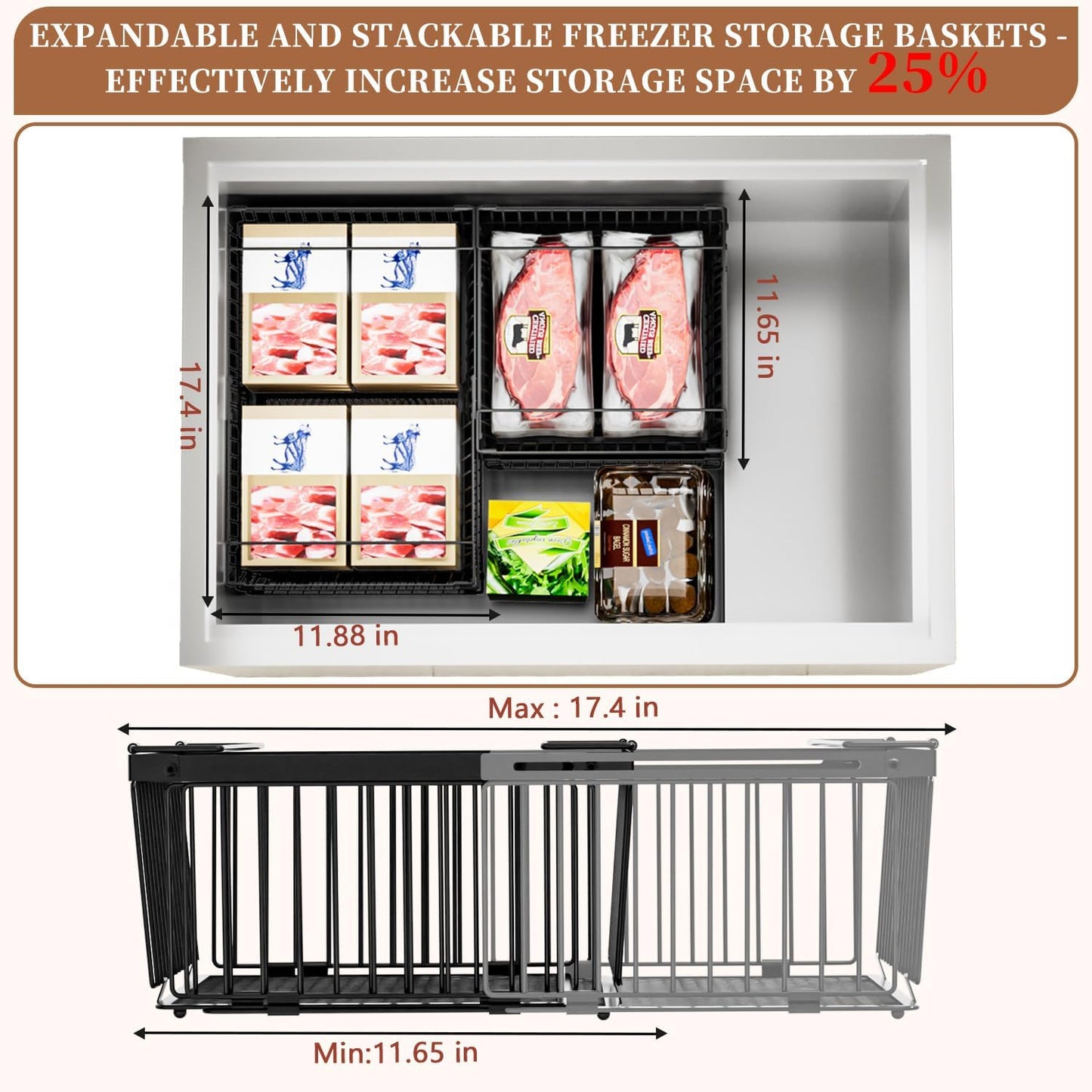 Large Freezer Organizer Bins，Upgraded Bottom Leak-Proof net，Fit 10 to 20 Cu Ft Chest Freezer，4Pack， Expandable Stackable Chest Freezer Containers with Handle(Black-4Pack)