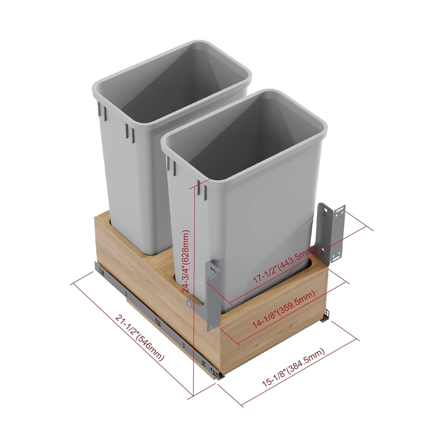 Dowell B18/B21 Wood Base Wastebasket Pullout with Two 50Qt Plastic Bins (4008 0218 50Qt X 2-18" W)