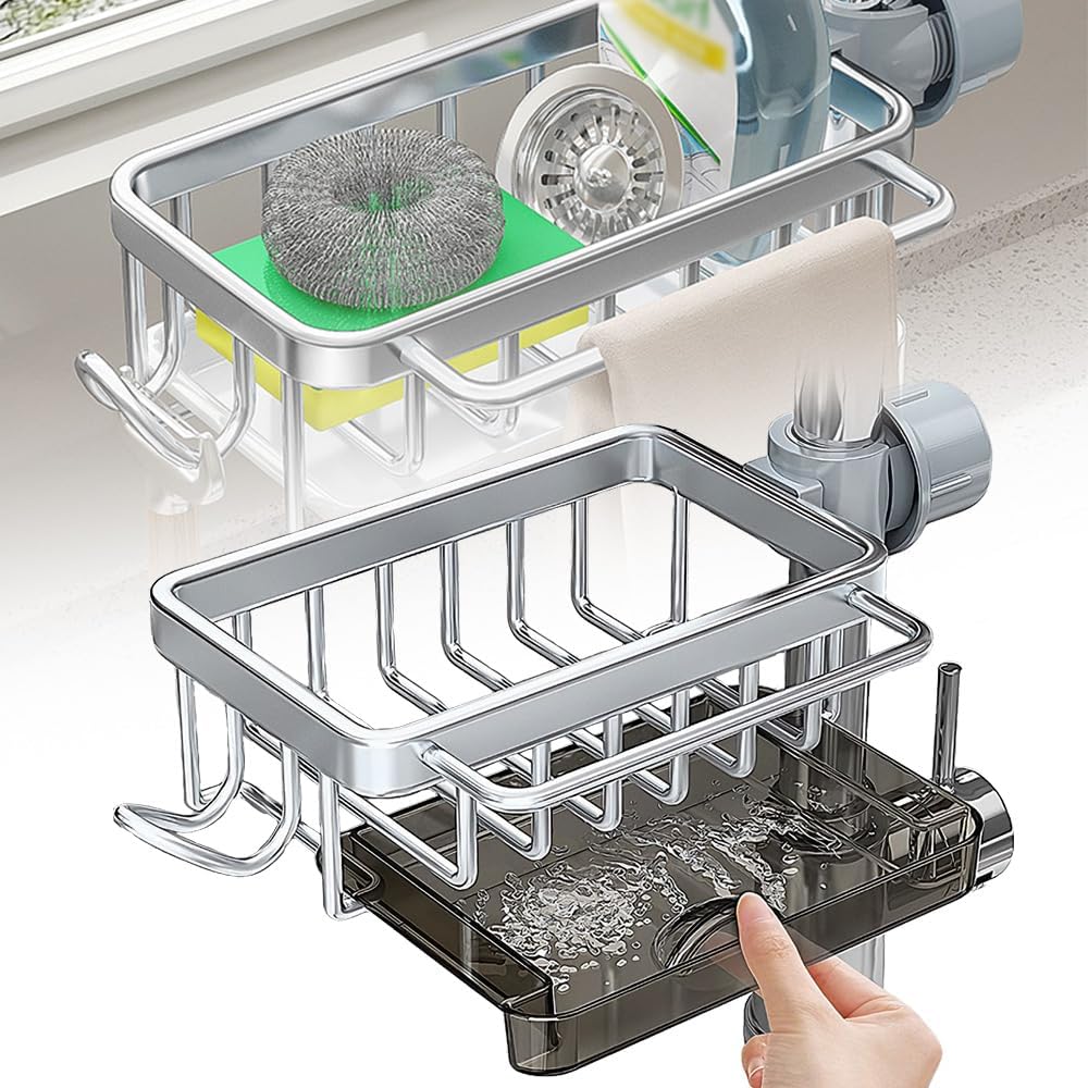Sink organizer rack for kitchen and bathroom, 2024 New Kitchen Sink Faucet Organizer with Drip Tray Faucet Sponge Holder (Silver, Left)