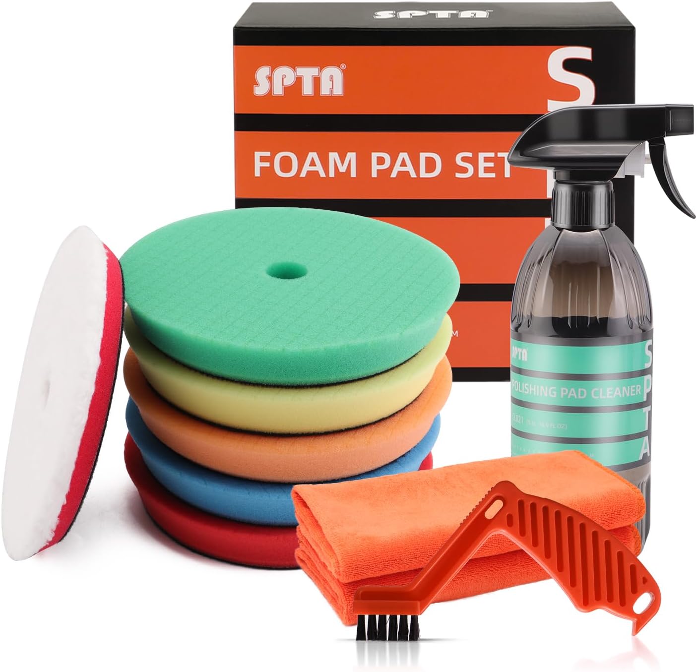 SPTA Polishing Pads, 5Pc 6 Inch 150mm Orbital Buffer Polisher Pads and 1Pc Microfiber Buffing Pads, Foam Polish Pad for Compounding, Polishing and Waxing, for 6''/150mm Backing Plate Car Polisher