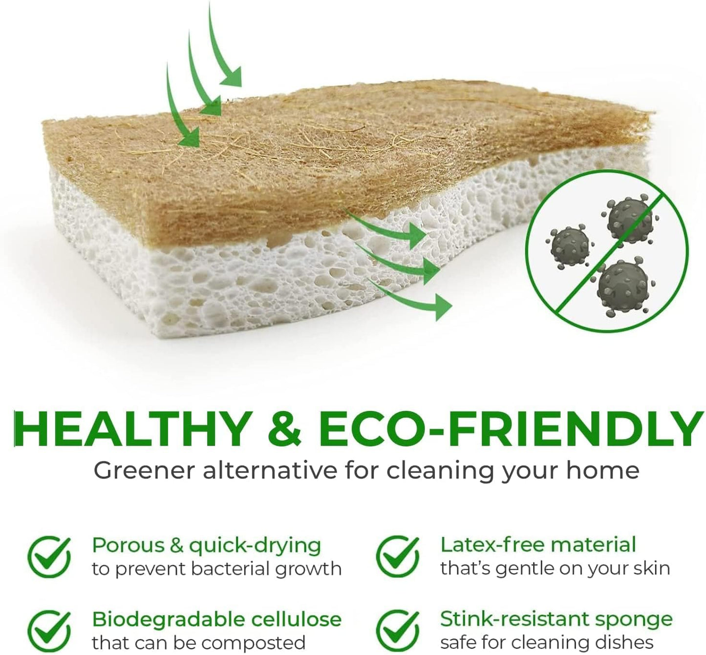 Biodegradable Natural Kitchen Sponge - Compostable Cellulose and Coconut Walnut Scrubber Sponge (24 Pack)